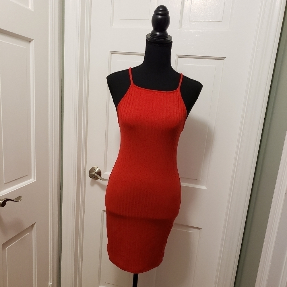 Forever 21 Bright Red Ribbed Knit Bodycon Dress Size Medium